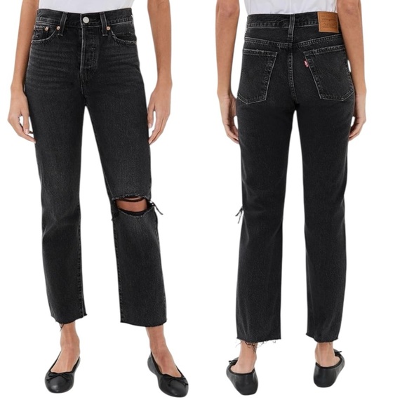 Levi's Premiums Washed Black Denim Wedgie Straight Jeans size 26 Distressed Hole - Picture 1 of 16